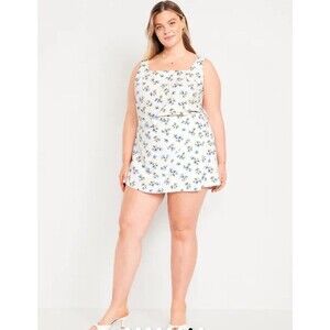 2X Old Navy Linen Set Skirt Skort Top Blue Floral White Boho Chic Cottagecore